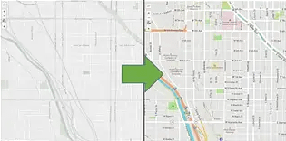 Two maps separated with a black line and a green arrow pointing to one of them
