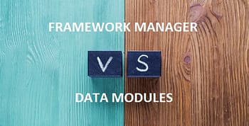 COGNOS FRAMEWORK MANAGER VS. DATA MODULES with a wood background, half blue and half brown