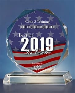 Award for best of 2019 for adult and continuing education for Code 3 Safety & Training