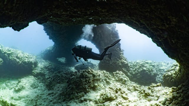 scuba diver swimming under a large multi arch coral formation
