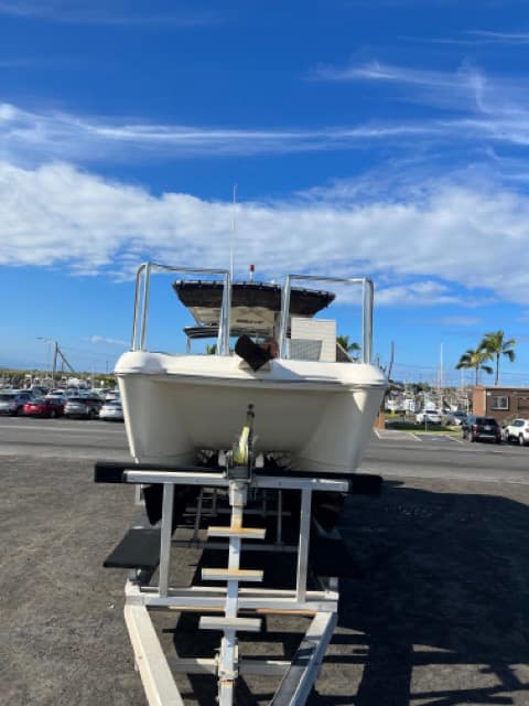 front view of power catamaran on a trailer