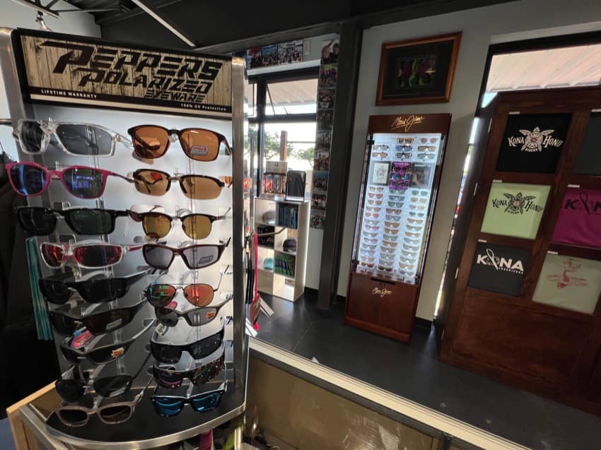 sunglasses display in dive shop