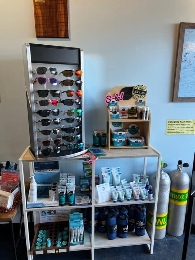 sunglass entry display in dive shop