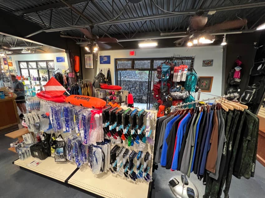 inside of Kona Honu Divers dive shop snorkels and other dive gear accessories