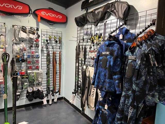 spearfishing and freediving product nook inside a dive shop