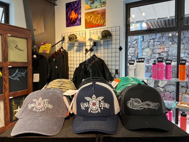 inside of dive shop hats sitting on display