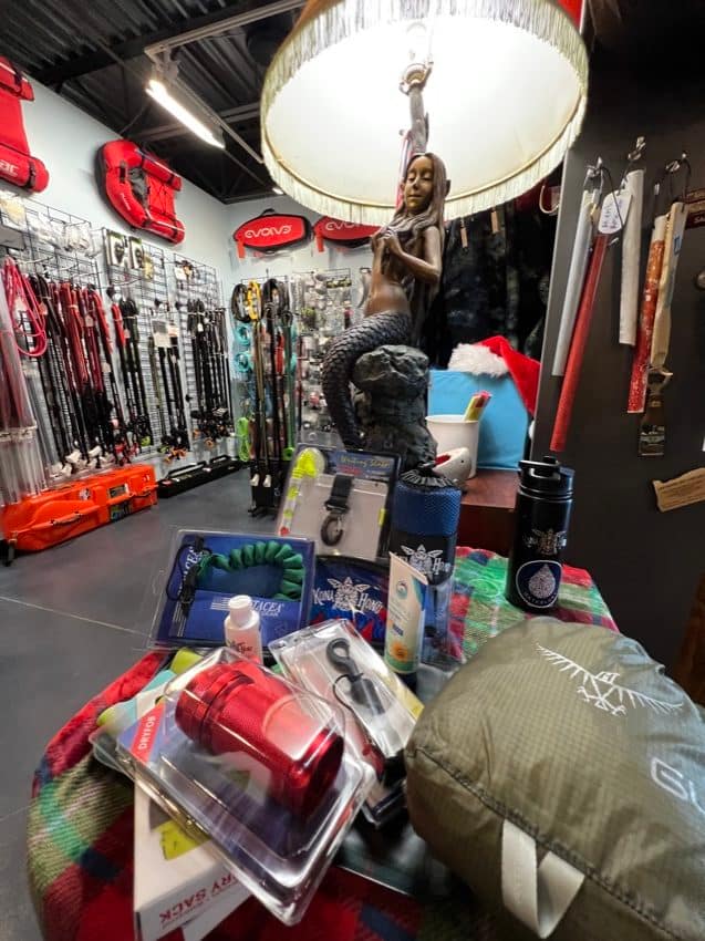 spearfishing display inside a dive shop