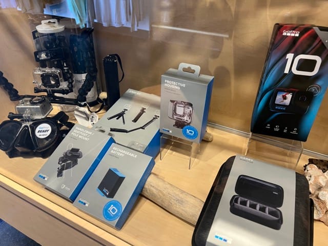 Go-Pro products in a display case