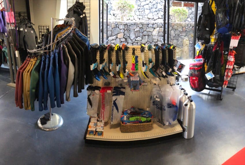 snorkels and accessories in a kona dive shop