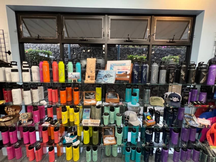 water bottle hydro flask display with other products in a dive shop