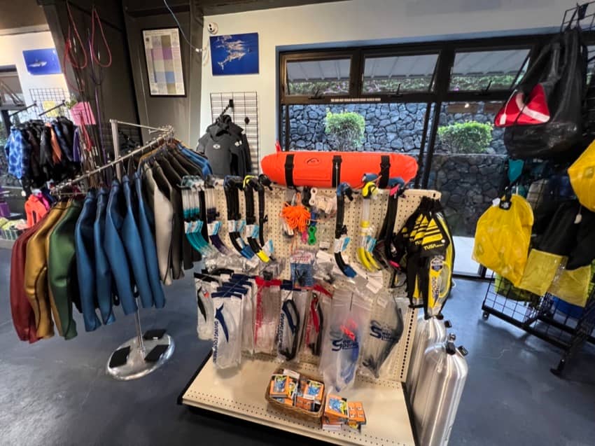 inside dive shop with products on display