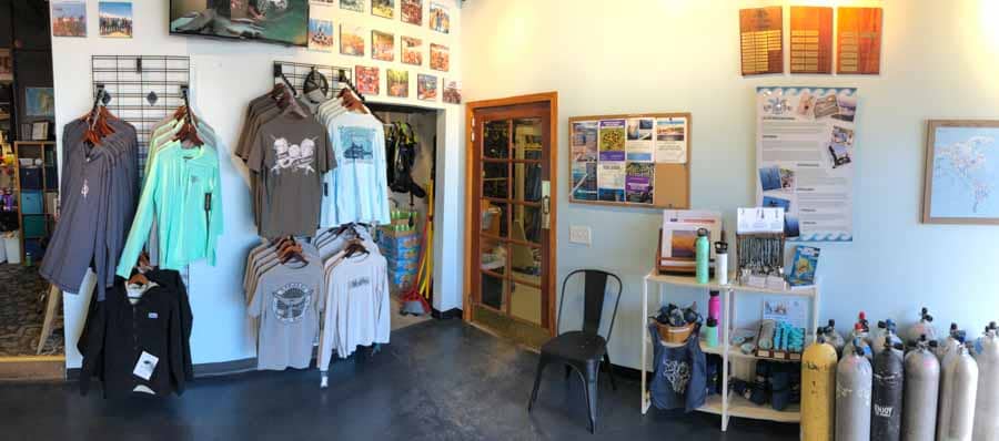 dive shop interior with dog