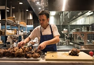 Chef Marc Vidal Preparing roasted whole chickens for the nights' guests at his Spanish tapas bar Boqueria on West 40th Street NY.