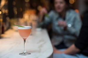 ALMA DEL SUR, A light pink drink made with El Gobernador Pisco, Giffard ‘Pineapple’, Lime, Peychaud’s, and egg white, topped with a garnish of pineapple leaf and served in a nick and nora glass.