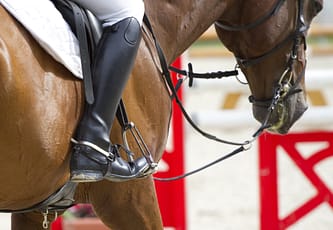 Human leg in a boot with foot in stirrup sitting on a horse