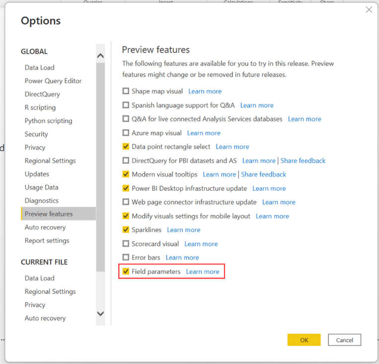Enabling Power BI field parameters 1