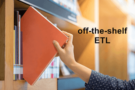 Women's hand reaching for an orange book with off-the shelf ETL written on the picture