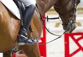 Human leg in a boot with foot in stirrup sitting on a horse