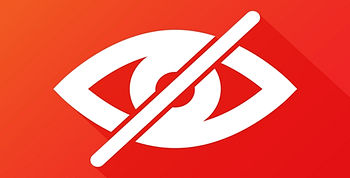 an icon of a white eye against a red background with a white line through the eye