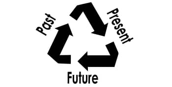 A black recycle icon with the words past, present and future