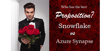 Man standing next to a white column wearing a tuxedo, holding roses with his hand in his pocket next to the words: who has the best proposition? Snowflake vs. Azure Synapse, a Senturus comparison