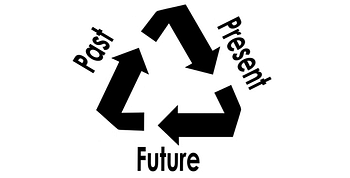 A black recycle icon with the words past, present and future