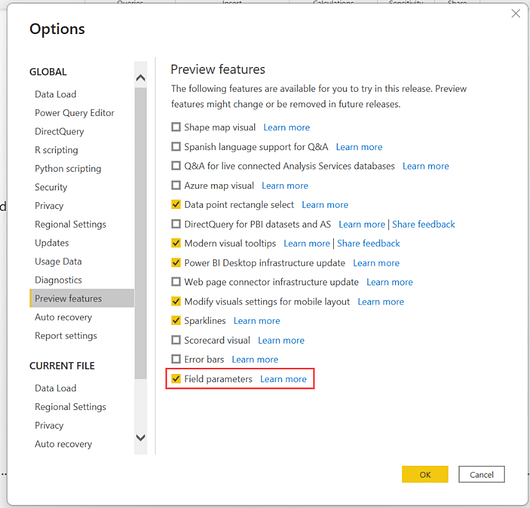 Enabling Power BI field parameters 1