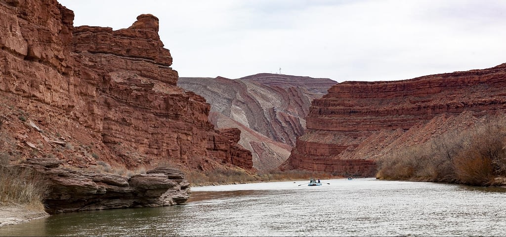 View of the river, the approach to Mexican Hat, looking downstream at the Mexican Hat monocline.