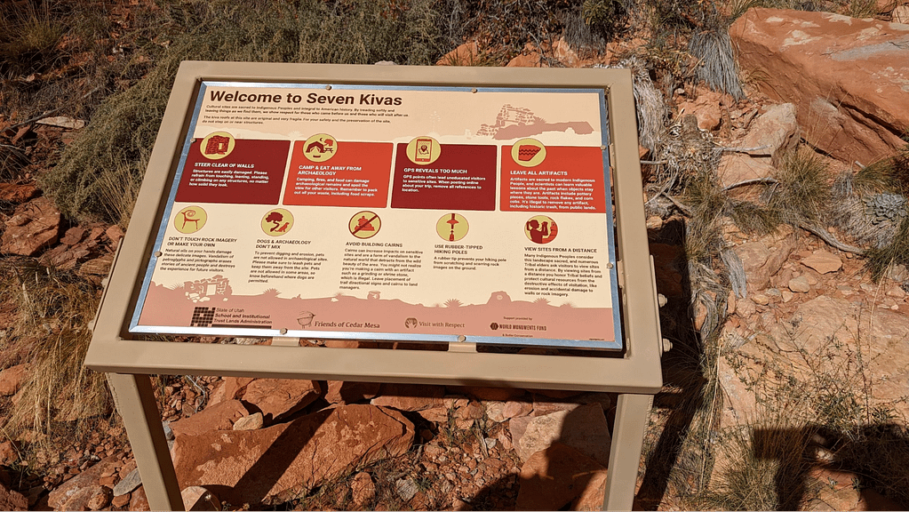 Sign at a trailhead describes how to responsibly visit Seven Kivas.