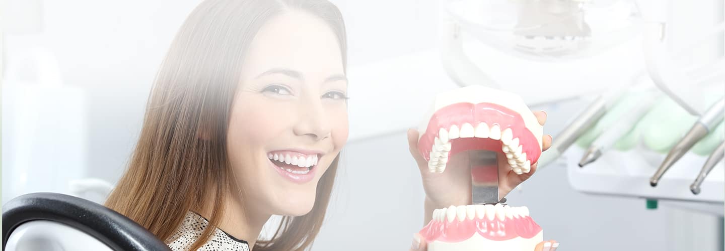 woman at the dentist holding a periodontal model