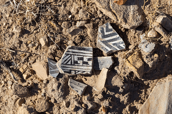 Close up of ancient Native American potsherds in dirt