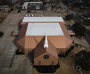 View from above of a standing seam metal roof on Mount Olive Baptist Church